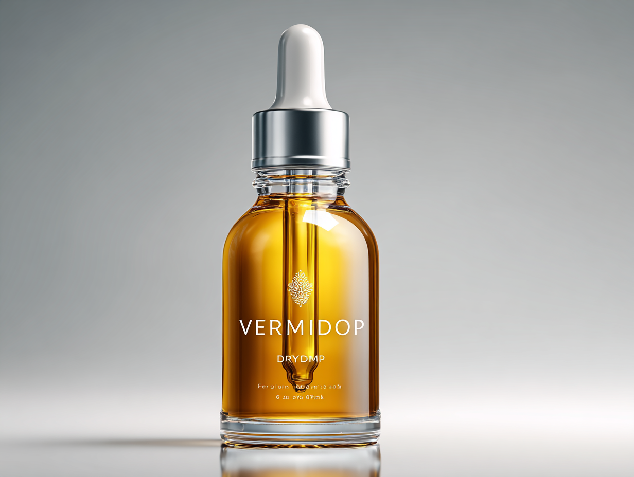 Vermidop természetes csepp formában, semleges háttéren, professzionális termékfotó stílusban